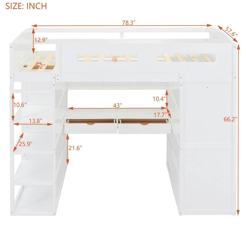 Twin/Full Size Loft Bed with Desk, Wardrobes and Ladder, Storage Kids Bed Frame with 4 Drawers and Shelves
