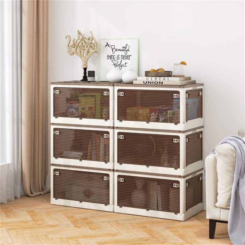Cream White-Clear Brown Foldable Storage Bins 3-Pack with Wheels