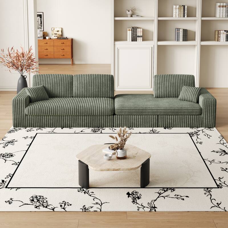 Roomfitters 114.5" Stylish Corduroy Modular Recliner Sofa, Convertible L-Shaped Couch with Neck Pillows & Throw Pillows