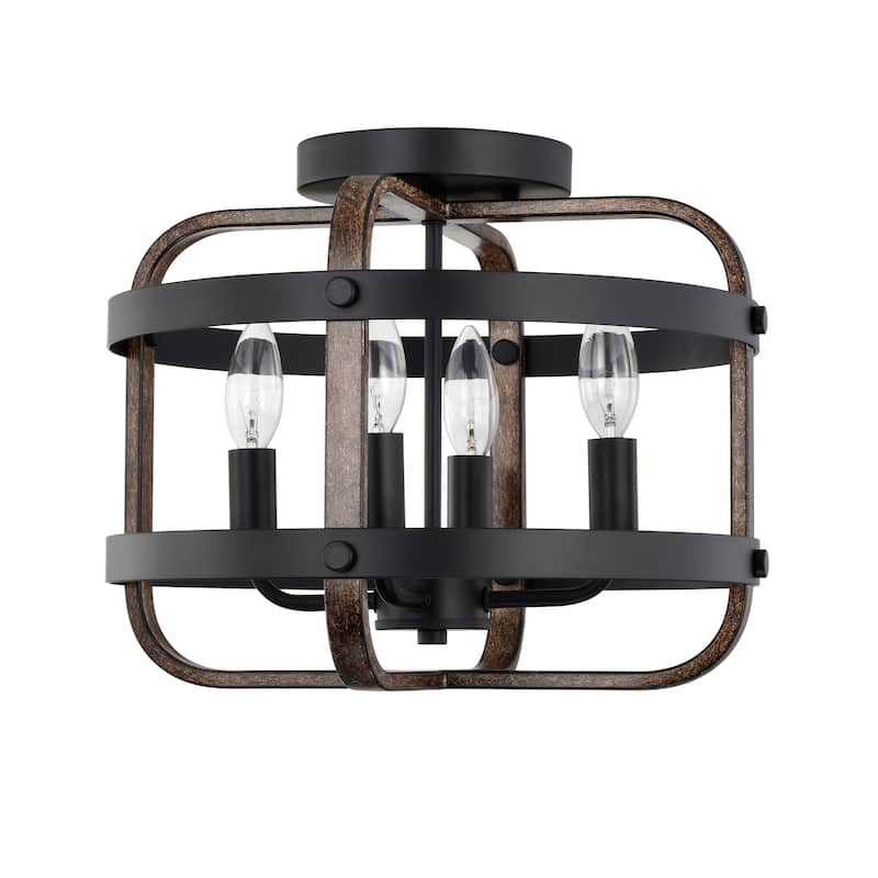 Juno Semi Flush Mount Ceiling Light Matte Black and Wood Grain Finish 4-Light - N/A