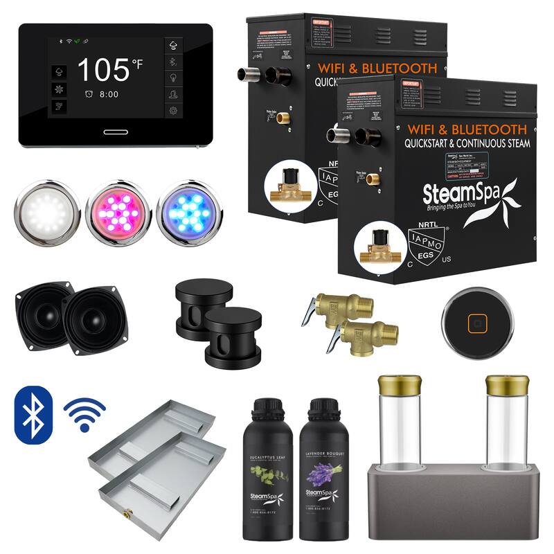 Black Series WiFi and Bluetooth 2 x 7.5kW QuickStart Steam Bath Generator Package with Dual Aroma Pump in Matte Black