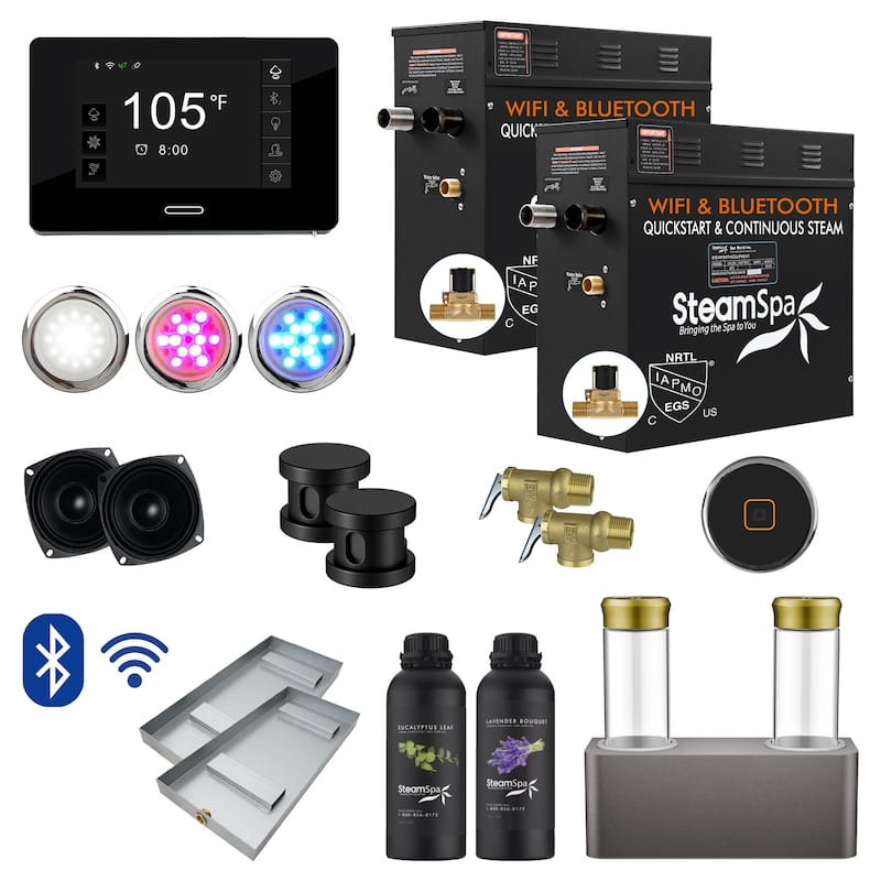 Black Series WiFi and Bluetooth 2 x 9kW QuickStart Steam Bath Generator Package with Dual Aroma Pump in Matte Black