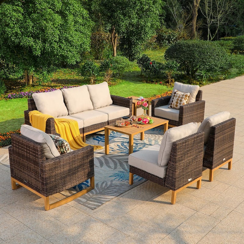 6/9-piece Patio Rattan Wicker Patio Furniture Set Swivel Rocking Chair Conversation Set - 9-Piece - Fixed chair