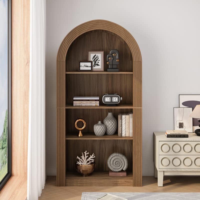 Mid Century Modern 78.74" Tall Arched Bookcase, 4-Tier Storage Shelf for Stylish Home Organization - Brown