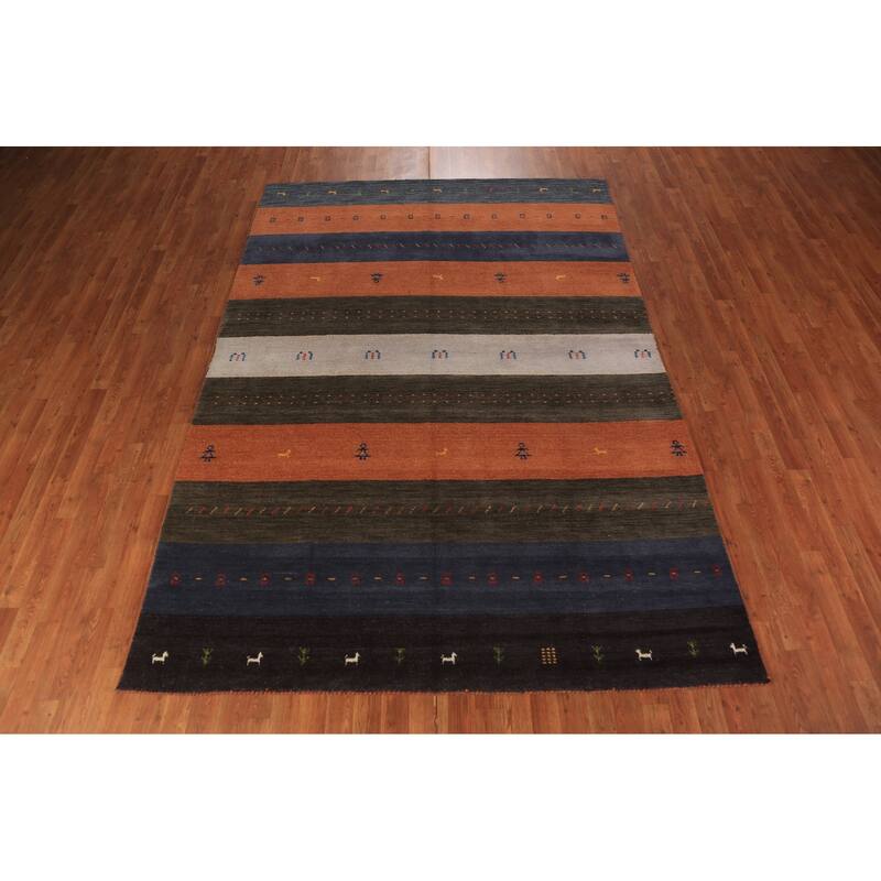 Striped Gabbeh Oriental Area Rug Hand-Knotted Wool Carpet - 6'7" x 9'6"