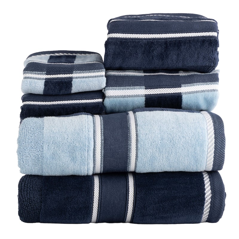 6PC Towel Set - Absorbent Cotton Bathroom Accessories Solid and Striped Towels by Windsor Home - Navy Blue