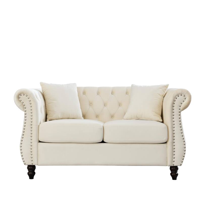 Chesterfield Velvet Loveseat Sofa, Tufted Upholstered Sofa with 2 Pillows, 2-Seater Sofa with Rolled Arms & Nailhead