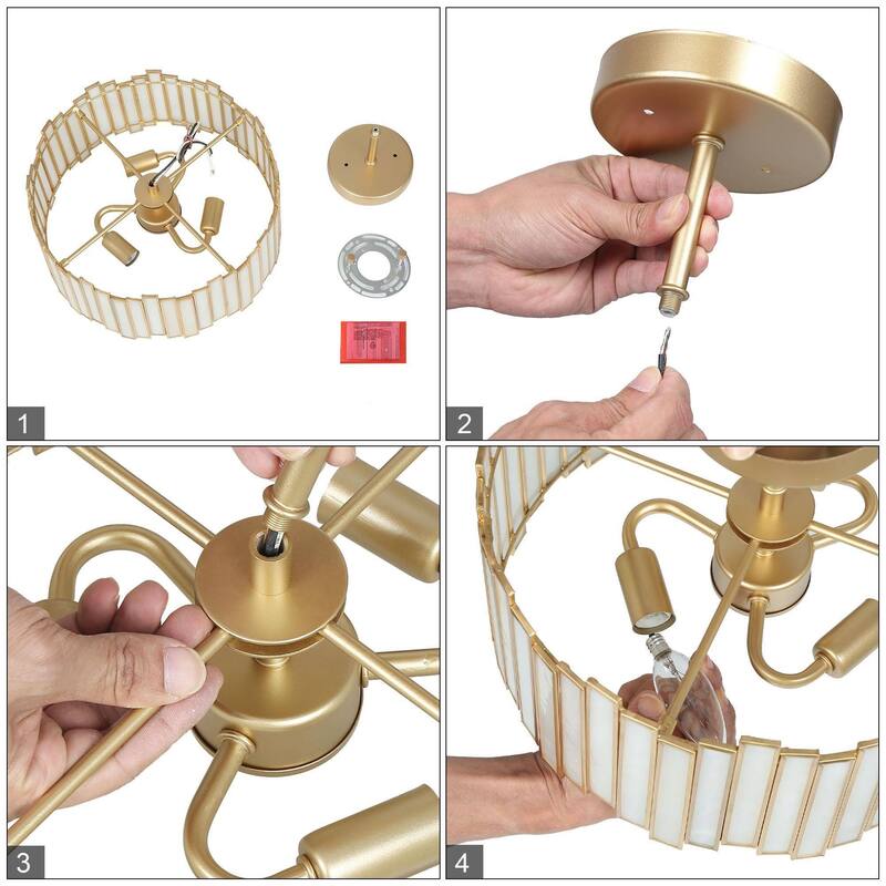 Modern Gold 3-Light Chandelier Metal Drum Semi-Flush Mount for Dining Room - 12.6" D x 10.2" H