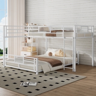 Contemporary Design Metal Bunk Bed with Ladder and Guardrails, Twin over Full Size, White