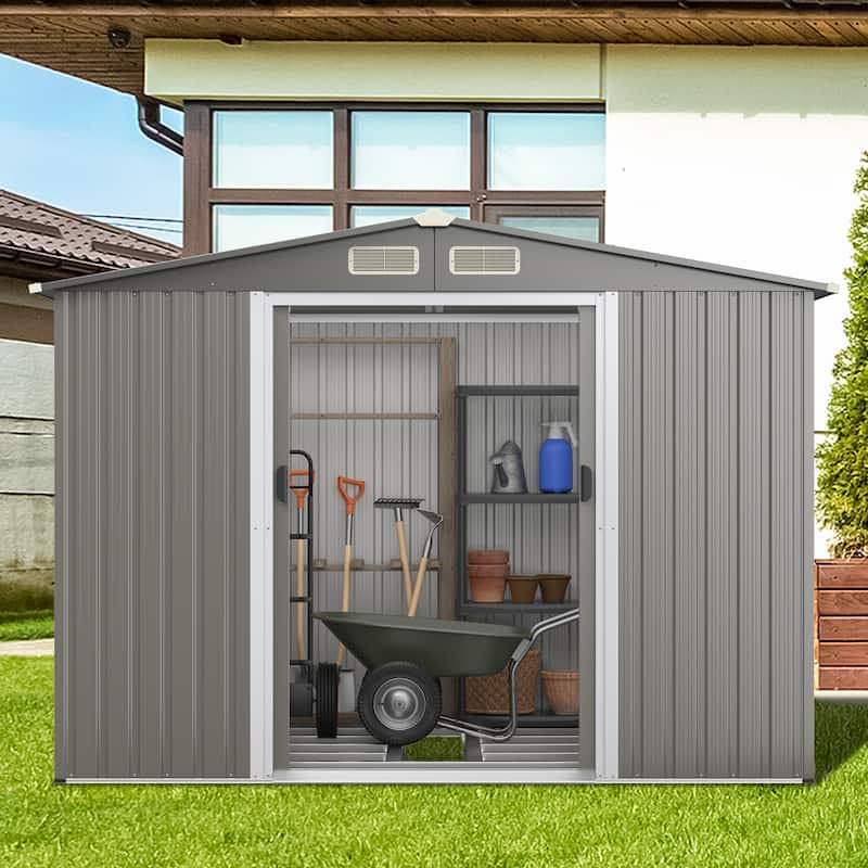 Costway 8'x6' Outdoor Storage Shed Galvanized Steel Tool House - 102'' x 81.6'' x 72'' (L X W X H)