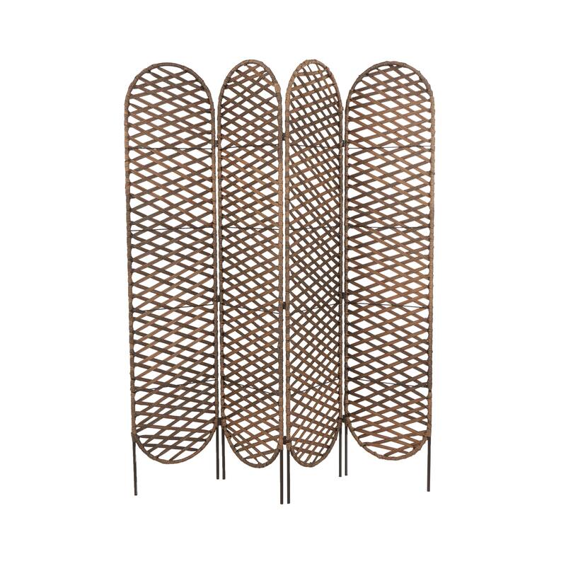 Copper Metal Handmade Foldable Woven 4 Panel Geometric Partition Room Divider Screen with Cutouts