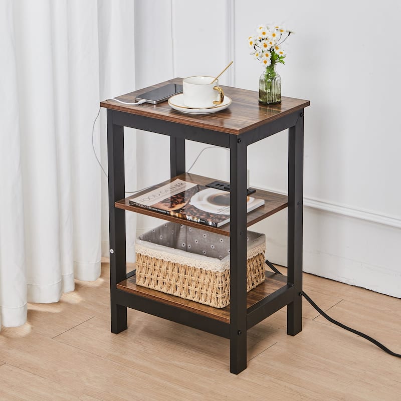 Javlergo 3 Tier Open Shelf Nightstand with Charging Station 2 AC Outlets 2 USB Ports Multipurpose Table for Bedroom Living Room