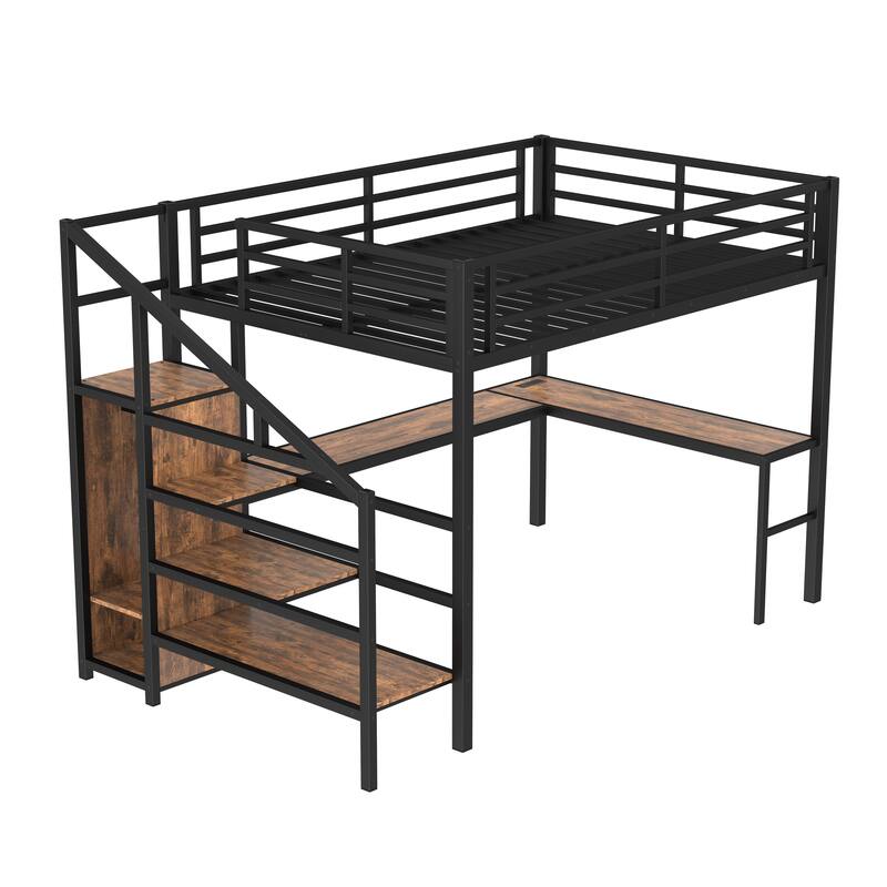 Queen Size Metal Loft Bed with L-shaped Desk, Wardrobe, USB, LED, and Adjustable Shelf for Kids, Teens, and Adults
