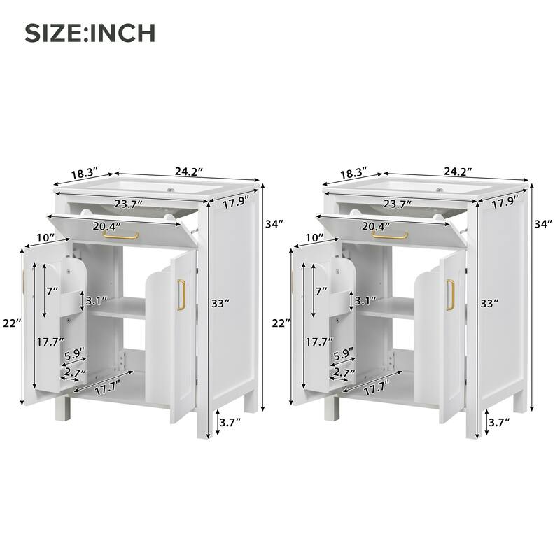 48" Modern Bathroom Vanity with Double Ceramic Sink, Flip Drawer, Soft-Close Doors & Gold Handles, Freestanding聽聽