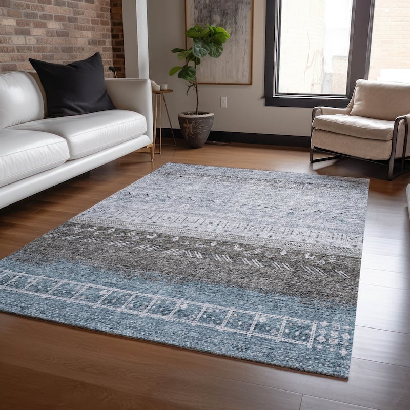 Machine Washable Indoor/ Outdoor Modern Global Chantille Rug - Blue - 9' x 12'