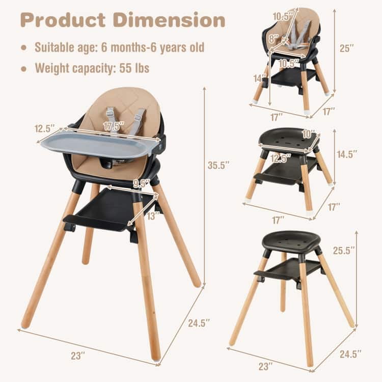6-in-1 Baby High Chair with Removable Dishwasher and Safe Tray - 24.5" x 23" x 35.5"