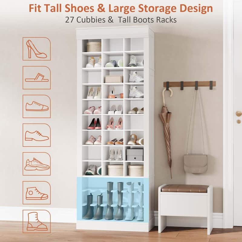 10-Tier Tall Shoe Cabinet with Boot Rack & 27 Cubbies