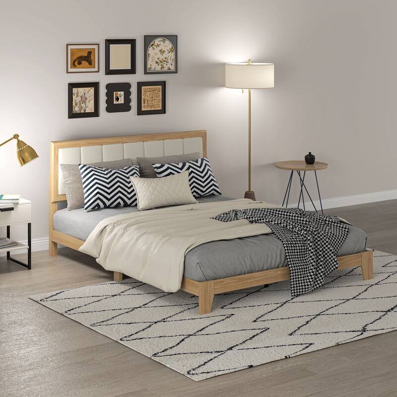 HOMCOM Queen Size Bed Frame with Upholstered Headboard, Platform Bed Frame with Wooden Slats, No Box Spring Needed