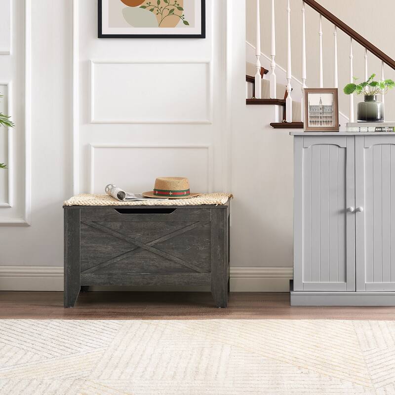 2 Pieces Storage Wooden Ottoman, Flip Top Ottoman Bench Set with Hand Weave Poufs Padded, Bed End Stool Set, Foot Rest Set
