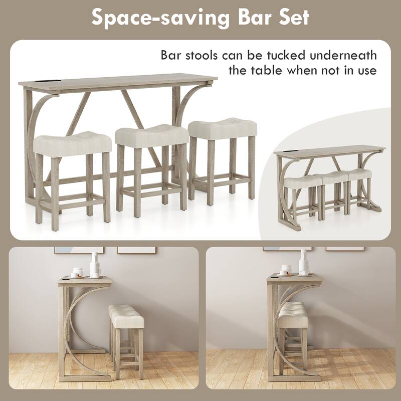 Gymax 4-Piece Bar Table Set w/ Power Outlet Counter Height Bistro