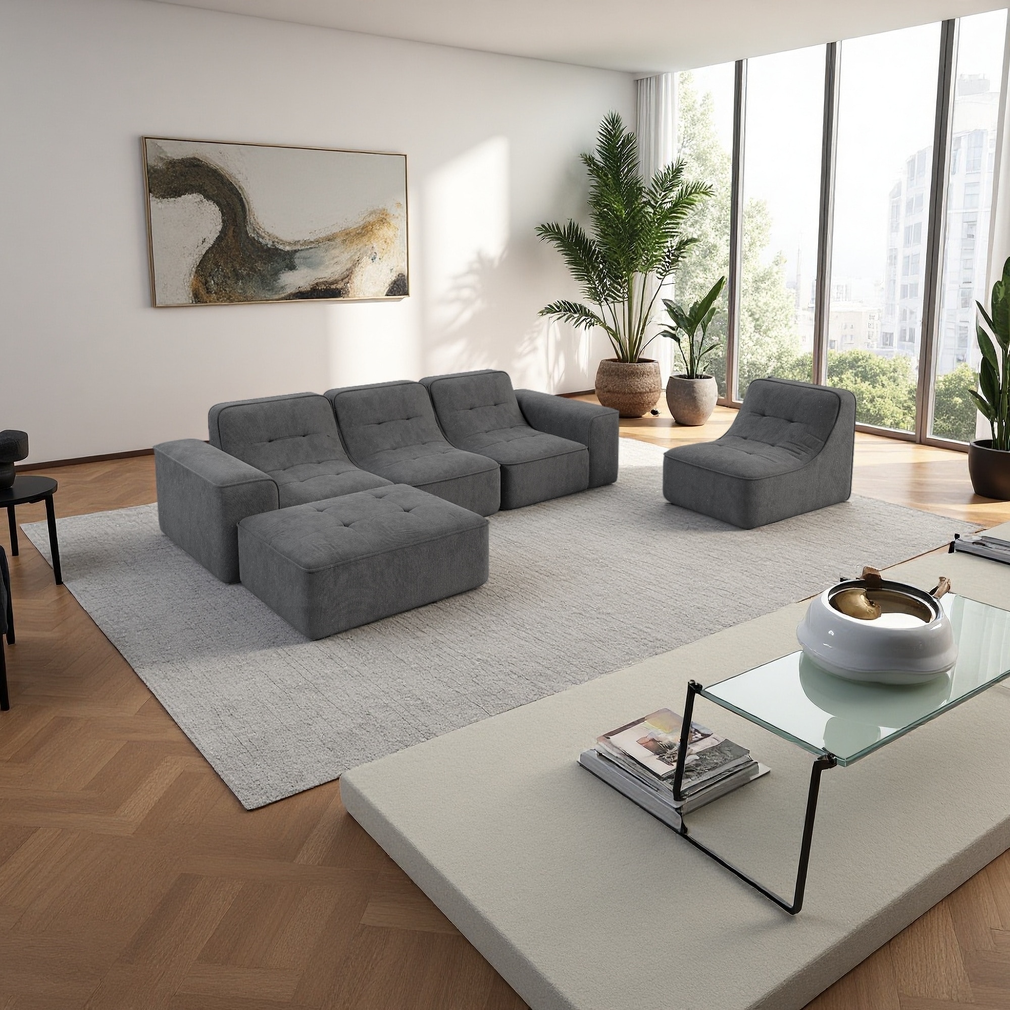 143.7" Chenille Modular Sectional Sofa with Ottoman, Tufted Design & Deep Seat (5-Seater)