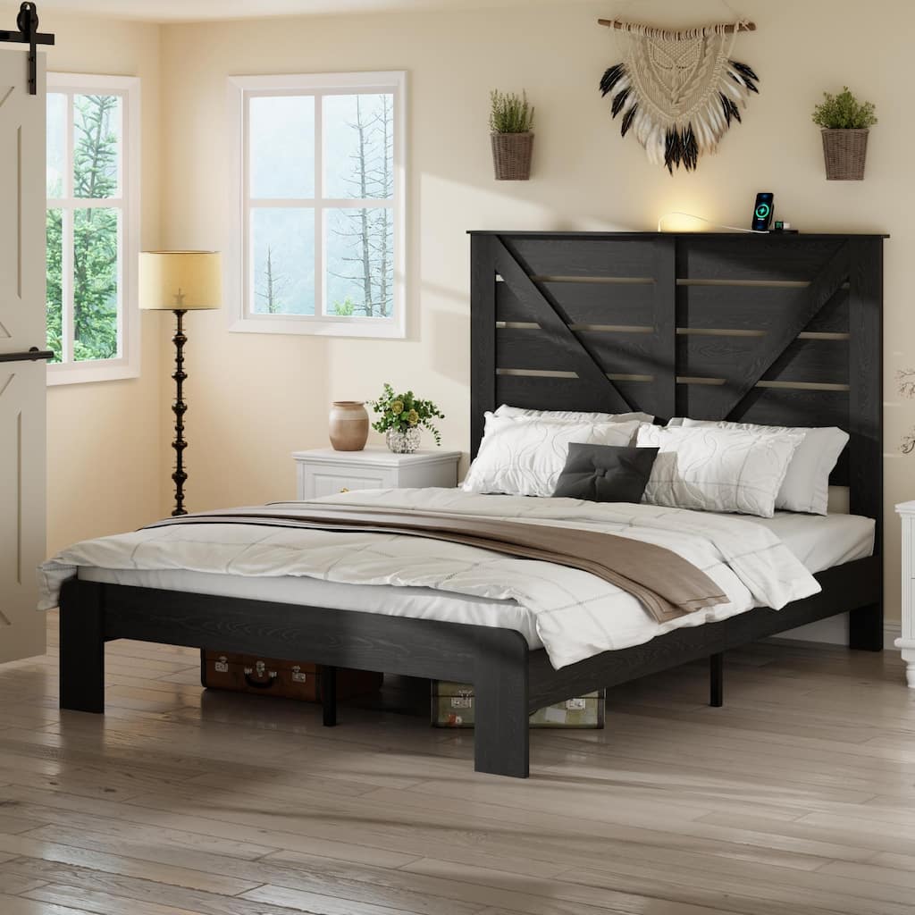 Wood Platform Bed with Rustic Headboard Black Metal Frame Support, Solid Wood Slats No Box Spring Needed Large Under-Bed Storage