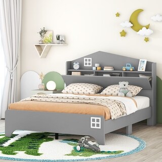 Cute Kids Platform Twin Bed with House-Shaped Headboard, Grey