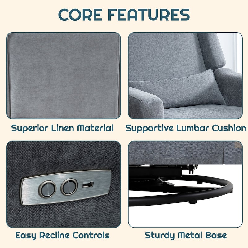Upholstered Swivel Glider Recliner Chair with USB & Lumbar Support