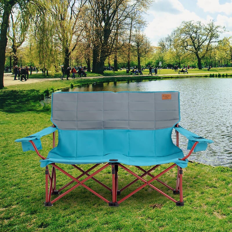 Gymax Oversized Camping Chair Folding Loveseat Camping Couch w/ Cup