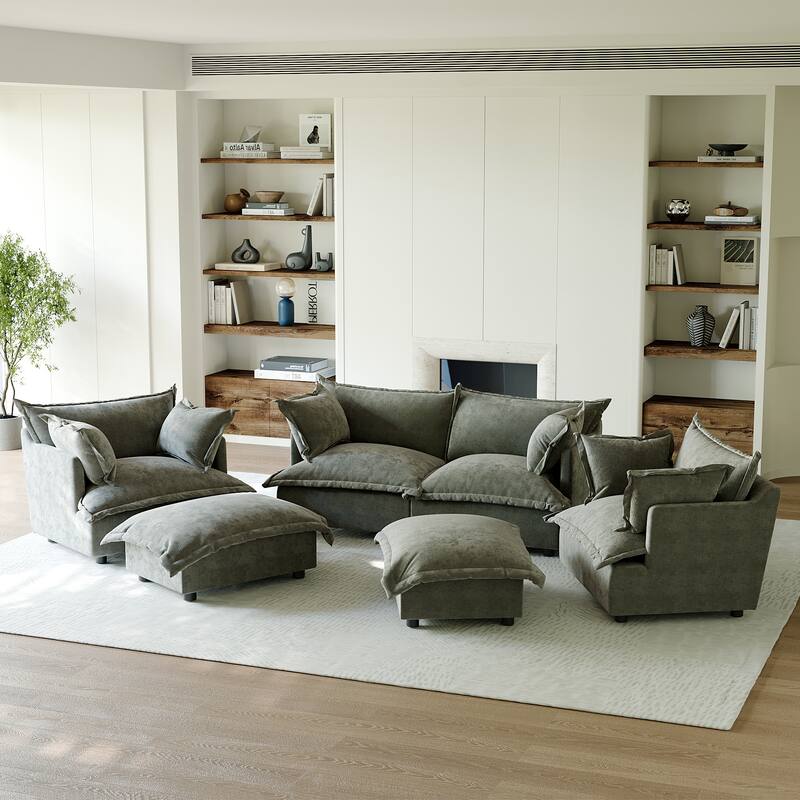 6 Piece Oversized Chenille Comfy Cloud Modular Sectional Sofa Set - Grey