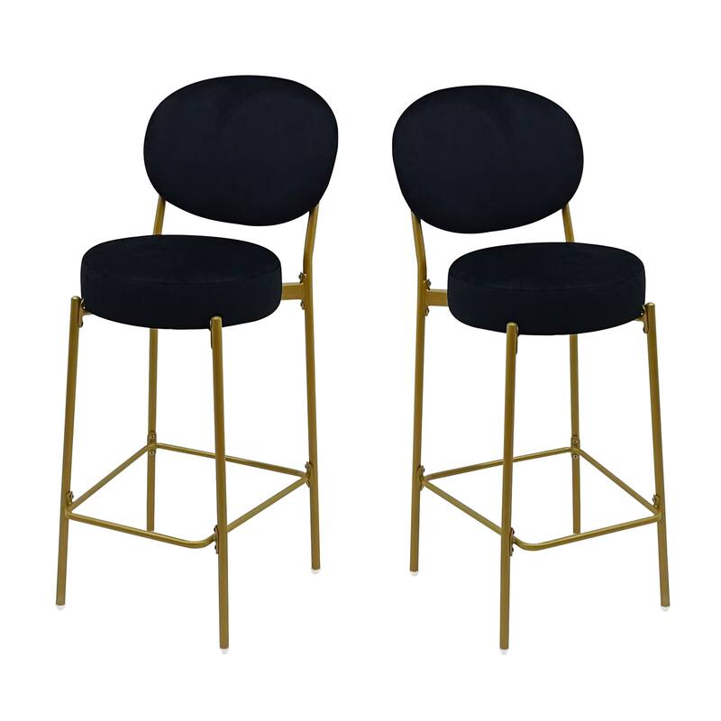 Velvet Upholstered Bar Stools Set of 2, Round Counter Stools with ergonomic Backrest, Breakfast Bar Chairs with Metal Legs