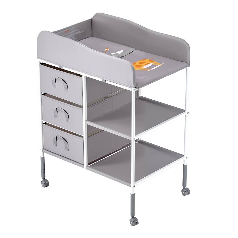 Grey Oxford Fabric Adjustable Kids Changing Table with 3 Drawers and Lockable Wheels - 29.72 x 20.08 x (39.37-42.32) in - Grey