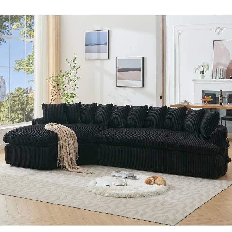 127" Corduroy L-Shaped Sectional Sofa with 10 Back Cushions
