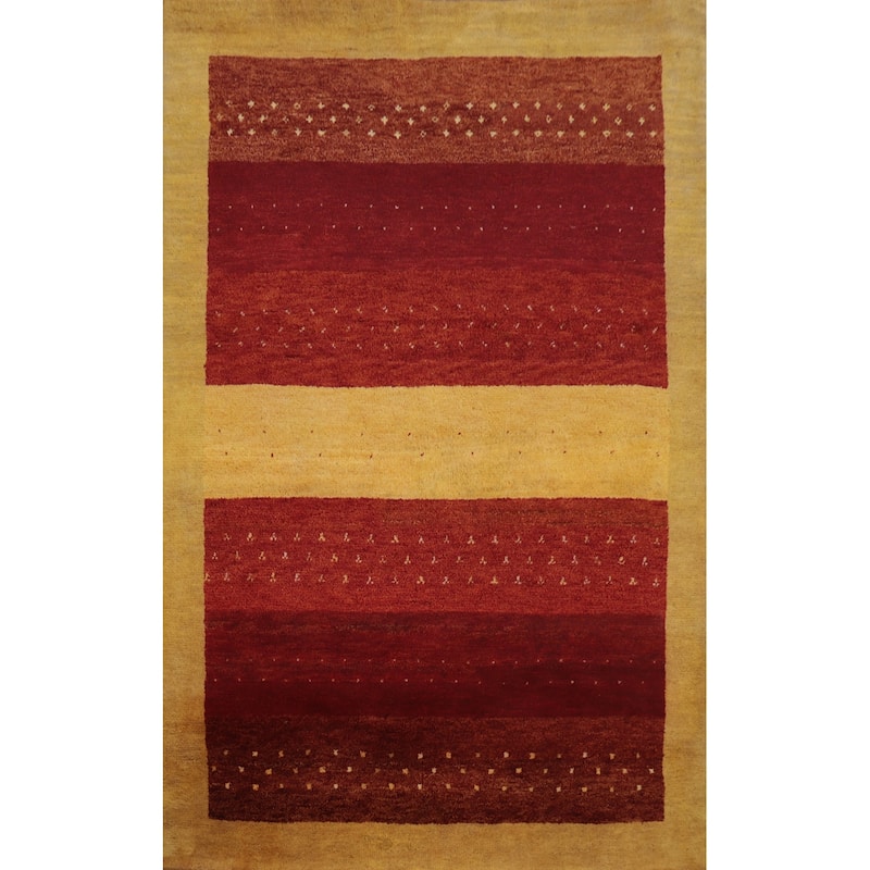 Hand Knotted Oriental 100% Wool Carpet Modern Geometric Red Gabbeh Area Rug - 6' 6'' X 4' 6''