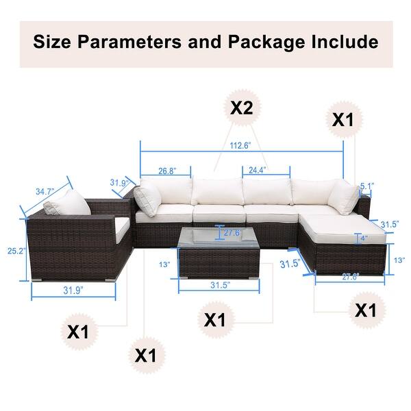 7Pcs Wicker Rattan Patio Sectional Furniture Sets，Cushioned Chairs and