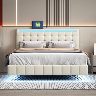 Queen Size Floating Bed Frame with LED Lights and USB Charging - Bed ...