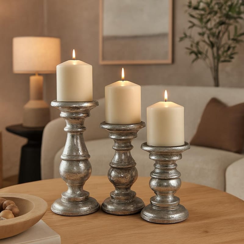 Mango Wood Distressed Turned Pillar Decorative Candle Holder - Set of 3 - Roche River Decor