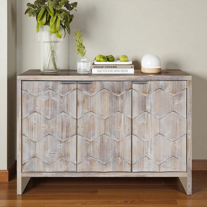 46" Farmhouse 3-Door Accent Sideboard Buffet with Adjustable Shelves, Solid Wood & MDF Storage Cabinet - Natural Wood
