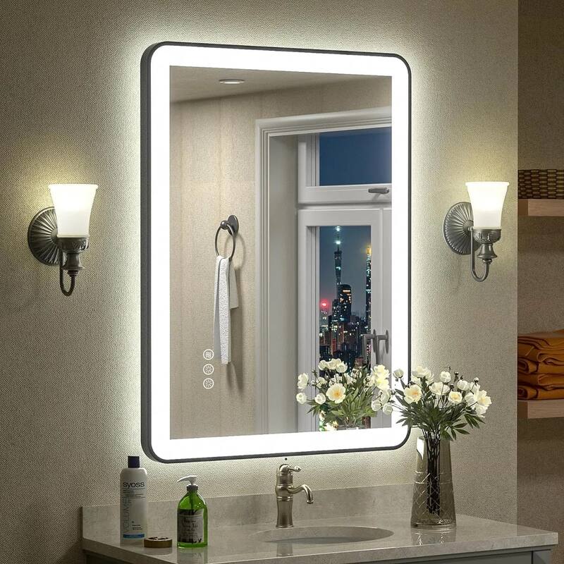 UL Certified Front & Back LED Anti-Fog Tempered Glass Framed Bathroom/Vanity Mirror 3-Year Warranty - 40" x 36"-Rounded Corner - Black