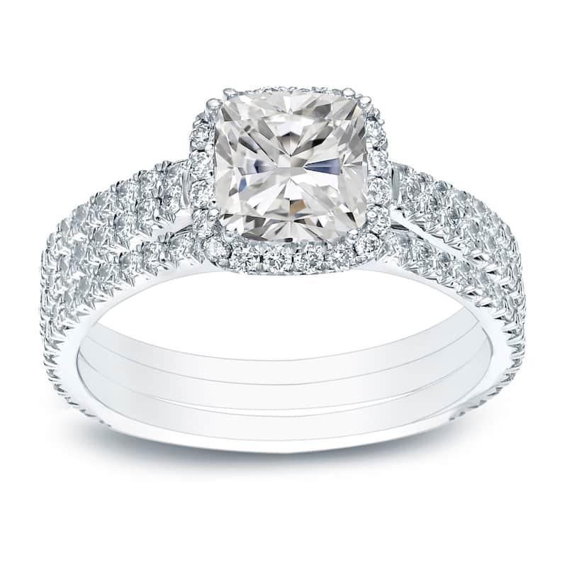Auriya 2 2/5ctw Cushion-cut Halo Diamond Engagement Ring 3pc Set 14k Gold Certified - 10 - White