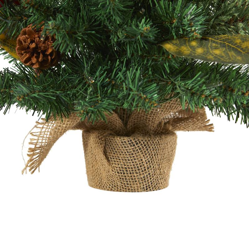 2’ Pre-Lit Potted Pine and Pinecone Artificial Christmas Tree, Clear Lights - 2 Foot