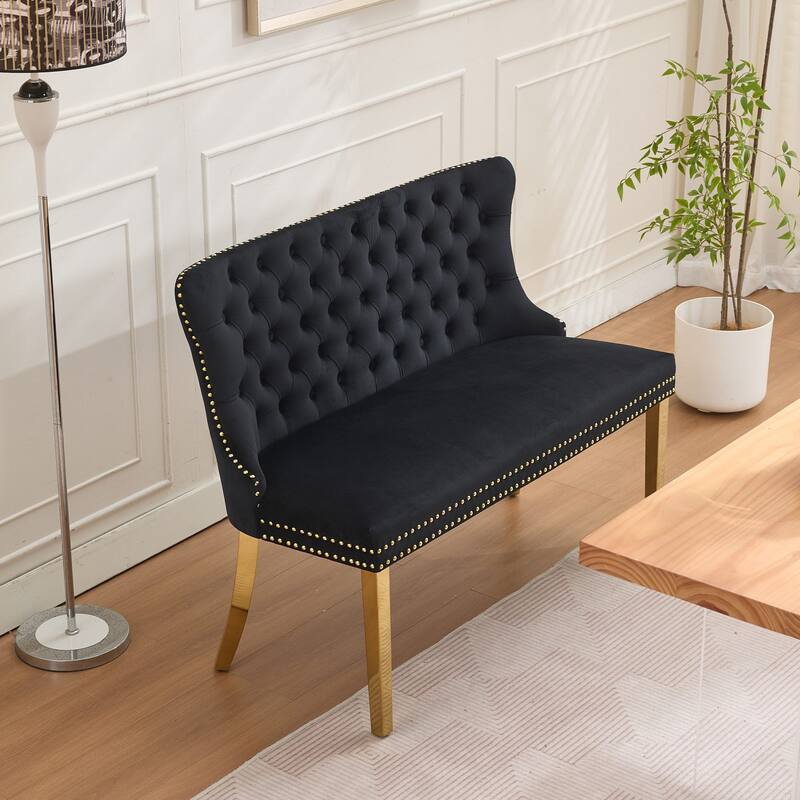 Velvet Double Dining Loveseat Bench, 2-Seat Tufted Bench w/Handmade Buttons, Wing Back, Gold-Plated Steel Legs, Single Pack