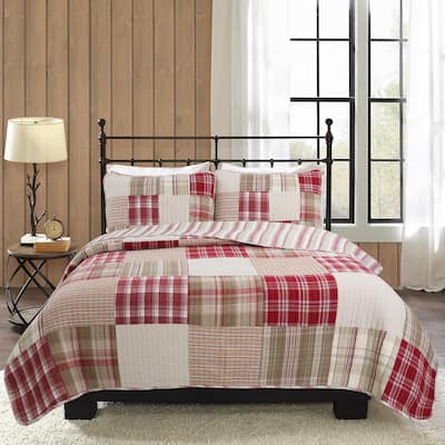 Cozy Line Alivia Red Plaid Real Patchwork Cotton Reversible Quilt Bedding Set