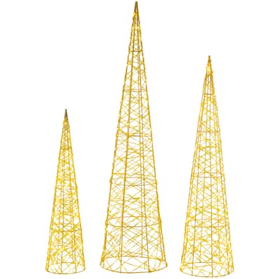 Set of 3 LED Twinkle Lighted Gold Mesh Cone Trees Outdoor Christmas Decorations 39.5" - 39.5