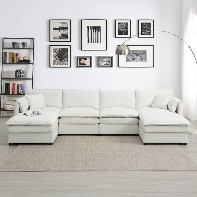 134" Chenille Modular Sectional Sofa,U Shaped Cloud Couch Set with Double Cushions - Cream