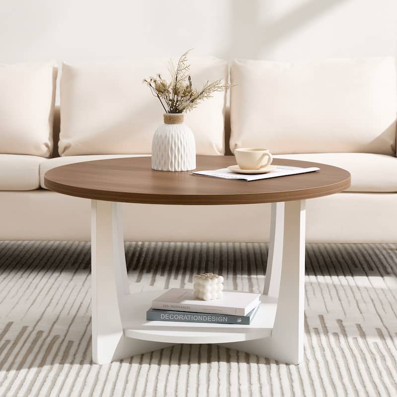 31.5" Round Coffee Table with Solid Wood Legs and 2-Tier Storage - 31.5"Dia x 17.72"H
