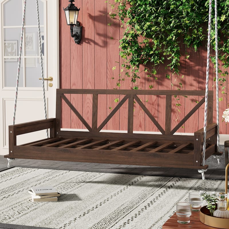 Wood Twin Size Patio Hanging Swing with Hemp Ropes (No Cushion,Pillow) - Brown