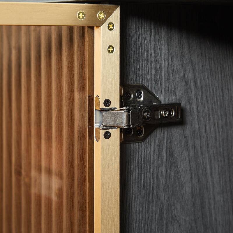 64'' Wavy TV Cabinet with LED Lights, Curved Sideboard with Vertical Stripes & Tempered Glass Doors for Living Room or Bedroom