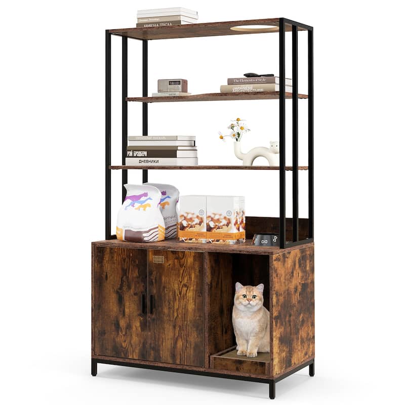 Cat Litter Box Cabinet with Storage Space & 3-Tier Shelves, Modern Design - 33.5" x 18" x 61"