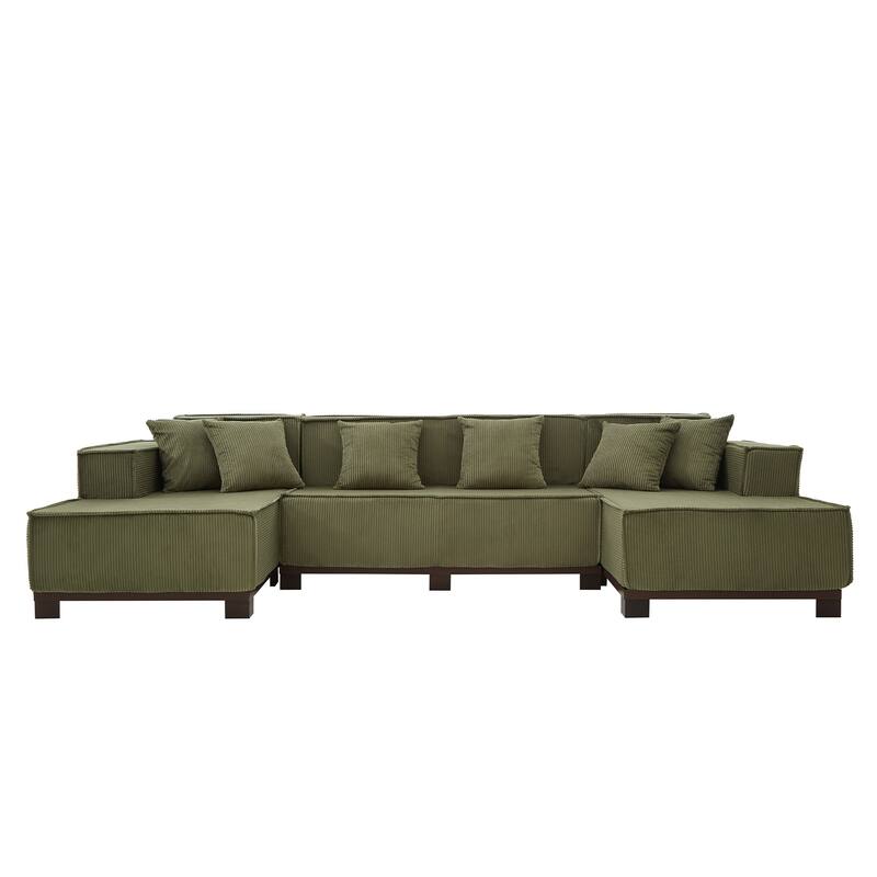 Roomfitters 130 Inch Modern U-Shaped Sectional Sofa with RGB LED Lights and 6 Pillows, Corduroy